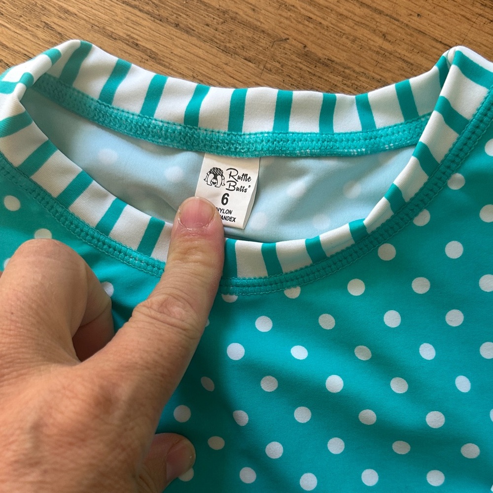 Ruffle Butts Aqua Polka Dot and Stripe Rashguard Set - Picture 3 of 4